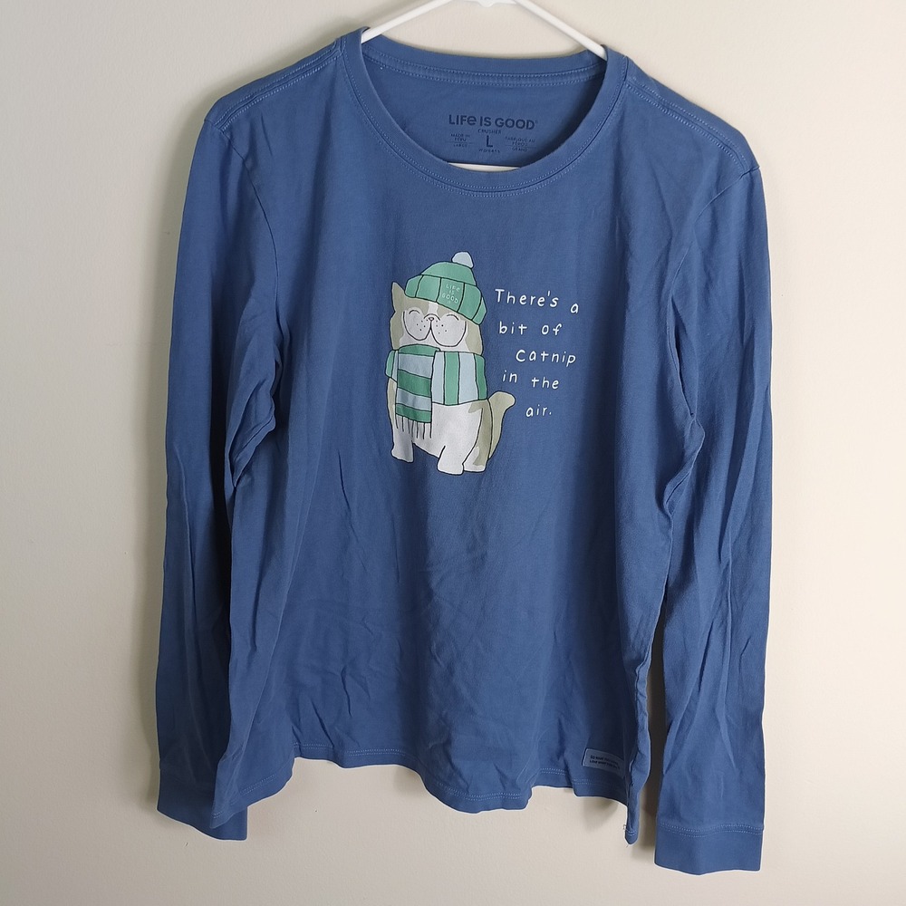 Life is Good Crusher Tee Womens Large Blue Excellent Catnip Graphic Long Sleeve
